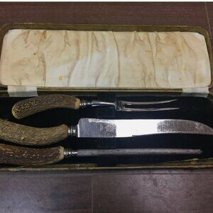 Vtg Antique Charles Barber Firth Sheffield England Steel Carving Set Antler